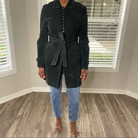 Express Vintage Suede Leather Studded Belted Trench Coat Jacket - Picture 3 of 10